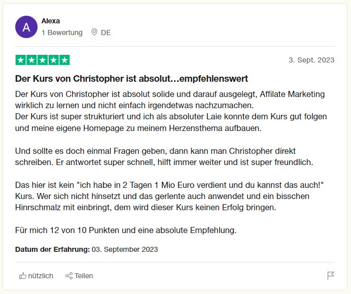 Meinung zur Affiliate School Masterclass